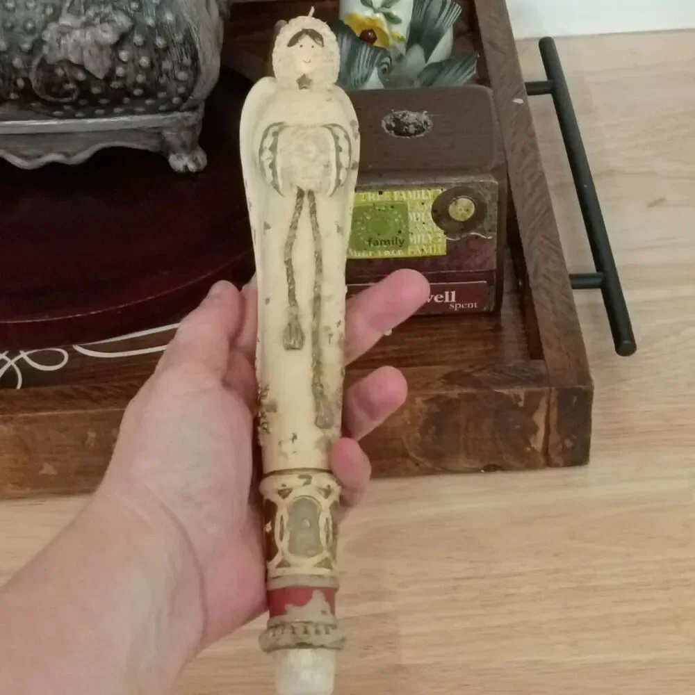 Vintage Carved Winter Angel Candle on Wooden Candlestick Holder Decoration